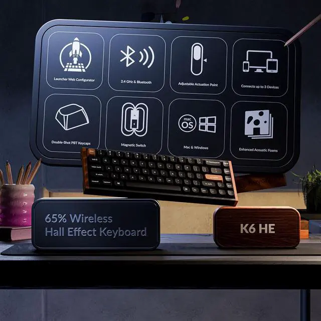 Alt view image 3 of 7 - Keychron K6 HE 65% Wireless Mechanical Keyboard, 2.4GHz & Bluetooth, Gateron Double-Rail Magnetic Switch, Double-Shot PBT Keycaps, Aluminum & Wooden Frame, Compatible with Windows/Mac Black