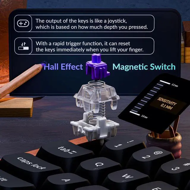 Alt view image 4 of 7 - Keychron K6 HE 65% Wireless Mechanical Keyboard, 2.4GHz & Bluetooth, Gateron Double-Rail Magnetic Switch, Double-Shot PBT Keycaps, Aluminum & Wooden Frame, Compatible with Windows/Mac Black