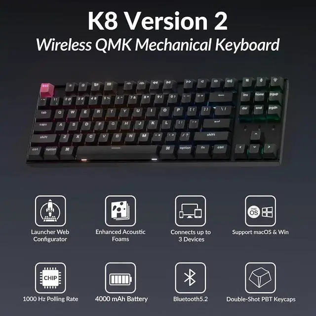 Alt view image 2 of 7 - Keychron K8 Version 2 TKL Custom Wireless Mechanical Keyboard, QMK Programmable Bluetooth 5.2/Wired, RGB Backlit with Shine-Through PBT Keycaps, Super Red Switch for Mac Windows Linux
