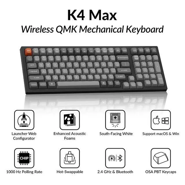 Alt view image 2 of 7 - Keychron K4 Max Wireless Mechanical Keyboard, 96% Layout QMK 2.4 GHz/Bluetooth 5.1/Wired, White Backlit with Hot-swappable Keychron Super Red Switch for Mac Windows Linux