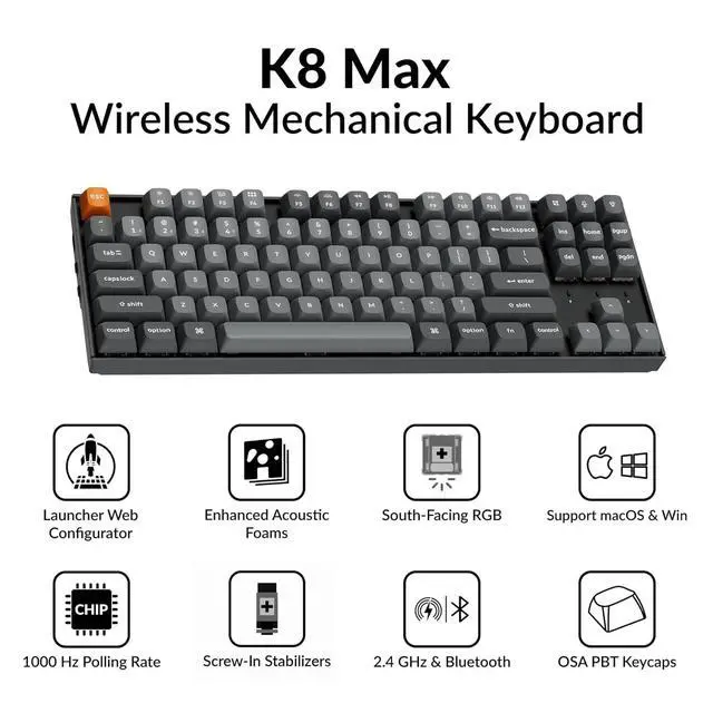 Alt view image 2 of 7 - Keychron K8 Max Wireless Mechanical Gaming Keyboard, TKL Layout QMK 2.4 GHz/Bluetooth 5.1/Wired Tri-Mode Connection, RGB with Keychron Super Banana Switch Compatible with Mac Windows Linux