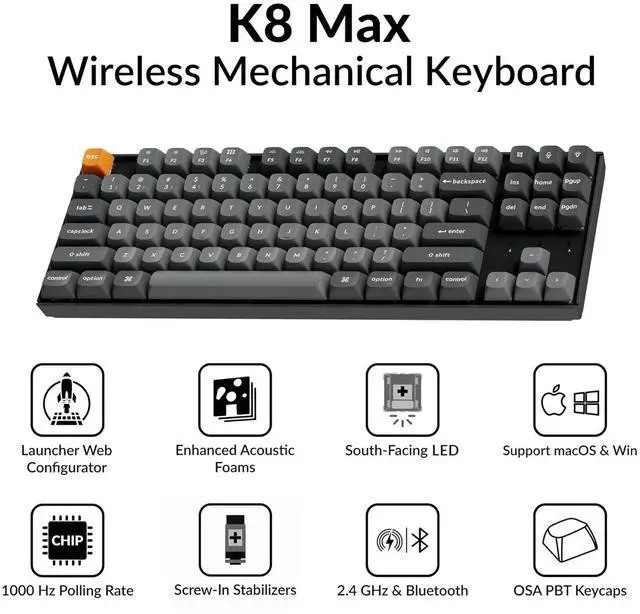 Alt view image 2 of 7 - Keychron K8 Max TKL Mechanical Keyboard Wireless, 87 Keys QMK 2.4 GHz/Bluetooth 5.1/Wired Connection, White Backlit with Programmable Keychron Super Red Switch for macOS Windows Linux