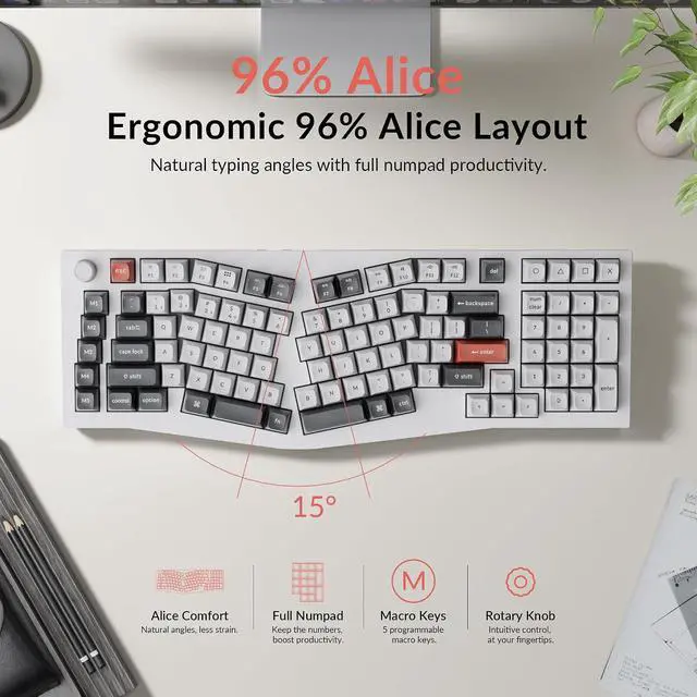 Alt view image 2 of 7 - Keychron Q13 Ultra 8K Wireless Mechanical Keyboard, White 96% Alice Ergonomic Keyboard with Numpad, Full Aluminum RGB Custom Keyboard, Hot-Swappable Silk POM Switch for Mac Windows Linux