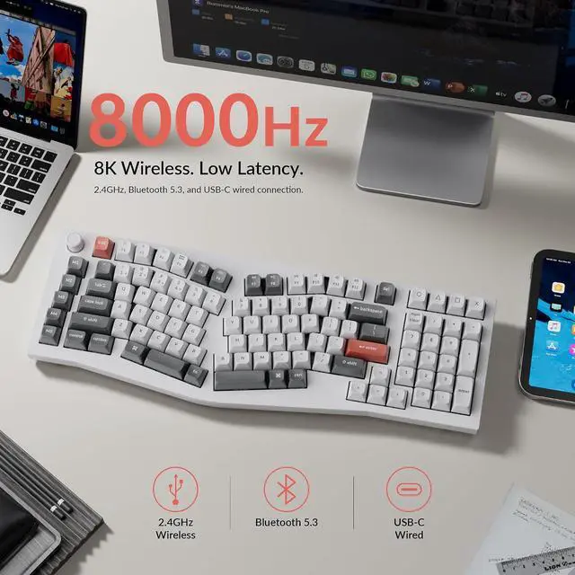 Alt view image 3 of 7 - Keychron Q13 Ultra 8K Wireless Mechanical Keyboard, White 96% Alice Ergonomic Keyboard with Numpad, Full Aluminum RGB Custom Keyboard, Hot-Swappable Silk POM Switch for Mac Windows Linux