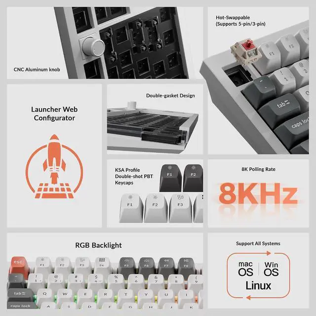 Alt view image 6 of 7 - Keychron Q3 Ultra Wireless Mechanical Keyboard 8KHz Polling Rate, TKL 2.4G/Bluetooth 5.3/Wired Up to 660 Hours Long Battery Life, Hot-Swappable Aluminum RGB Gaming ZMK for Mac/Windows/Linux-White