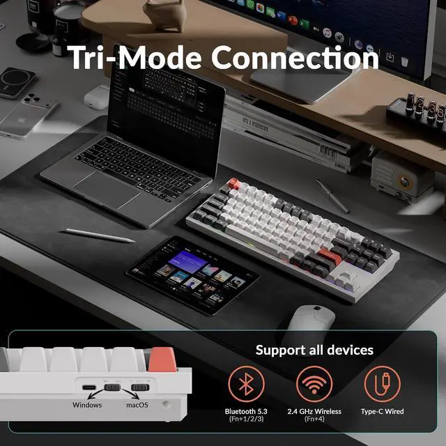 Alt view image 4 of 7 - Keychron Q3 Ultra Wireless Mechanical Keyboard 8KHz Polling Rate, TKL 2.4G/Bluetooth 5.3/Wired Up to 660 Hours Long Battery Life, Hot-Swappable Aluminum RGB Gaming ZMK for Mac/Windows/Linux-White