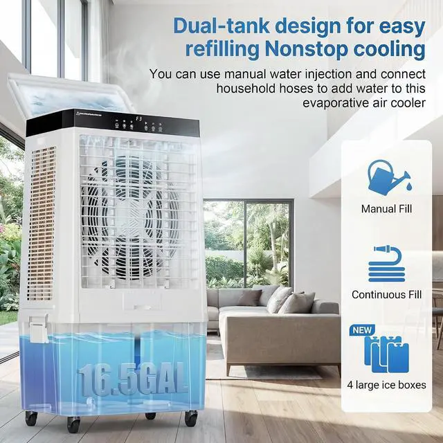 Alt view image 3 of 7 - 45" Large Swamp Cooler,5100 CFM Evaporative Air Cooler,16.5 Gal Water Tank Portable Air Cooler,120°Oscillation with Remote Control,12H Timer,3 Modes & Wind Speeds for Outdoor Indoor Use,White