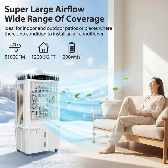 Alt view image 2 of 7 - 45" Large Swamp Cooler,5100 CFM Evaporative Air Cooler,16.5 Gal Water Tank Portable Air Cooler,120°Oscillation with Remote Control,12H Timer,3 Modes & Wind Speeds for Outdoor Indoor Use,White