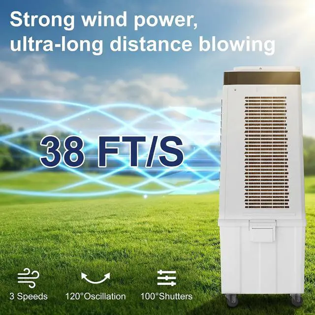 Alt view image 5 of 7 - 45" Large Swamp Cooler,5100 CFM Evaporative Air Cooler,16.5 Gal Water Tank Portable Air Cooler,120°Oscillation with Remote Control,12H Timer,3 Modes & Wind Speeds for Outdoor Indoor Use,White
