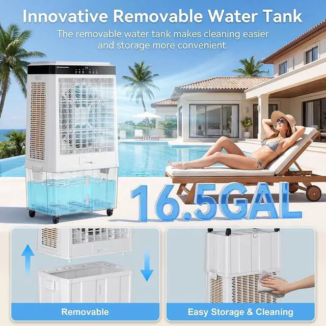 Alt view image 7 of 7 - 45" Large Swamp Cooler,5100 CFM Evaporative Air Cooler,16.5 Gal Water Tank Portable Air Cooler,120°Oscillation with Remote Control,12H Timer,3 Modes & Wind Speeds for Outdoor Indoor Use,White