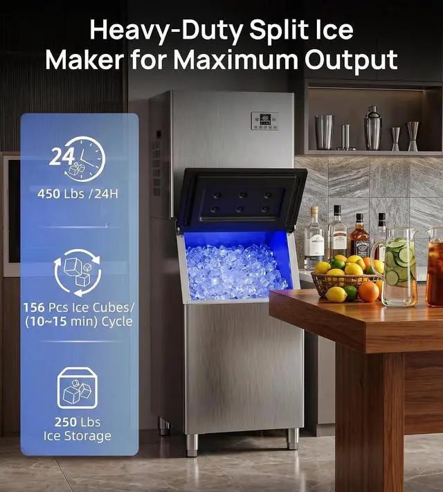 Alt view image 2 of 7 - Commercial Ice Maker Machine 450Lbs/24H with 250Lbs Storage, Self-Cleaning Mode, Industrial Ice Machine, Ice Ready in 7-15 min, Stainless Steel Ice Maker for Bar/Cafe/Restaurant/Business
