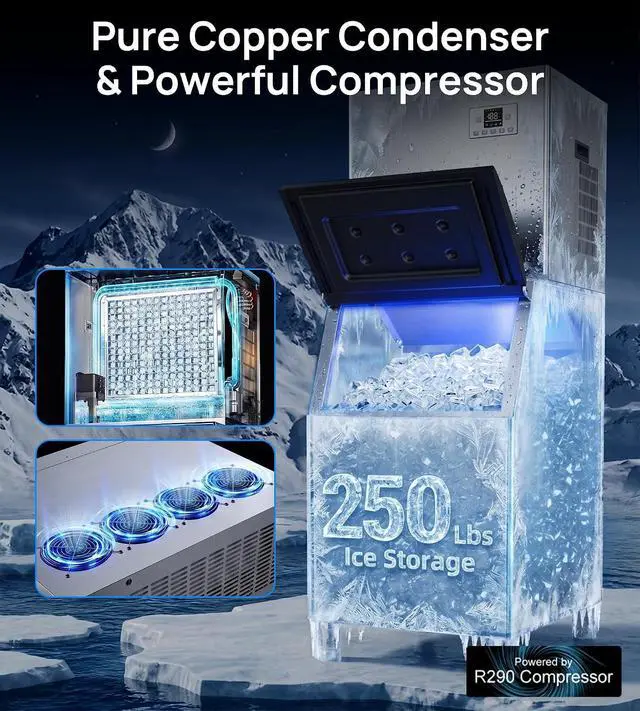 Alt view image 4 of 7 - Commercial Ice Maker Machine 450Lbs/24H with 250Lbs Storage, Self-Cleaning Mode, Industrial Ice Machine, Ice Ready in 7-15 min, Stainless Steel Ice Maker for Bar/Cafe/Restaurant/Business