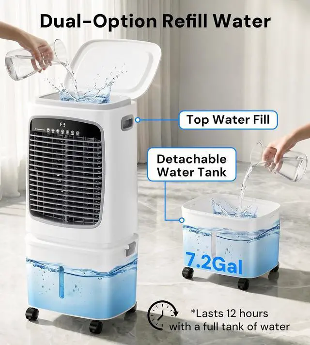 Alt view image 3 of 7 - 3000CFM Swamp Cooler,3-IN-1 Evaporative Air Cooler with 7.2Gal Water Tank, 4 Ice Packs, Portable Air Conditioner with Remote Control,12H Timer,3 Speeds,Cooling Fan for Indoor,Outdoor Use (40IN)