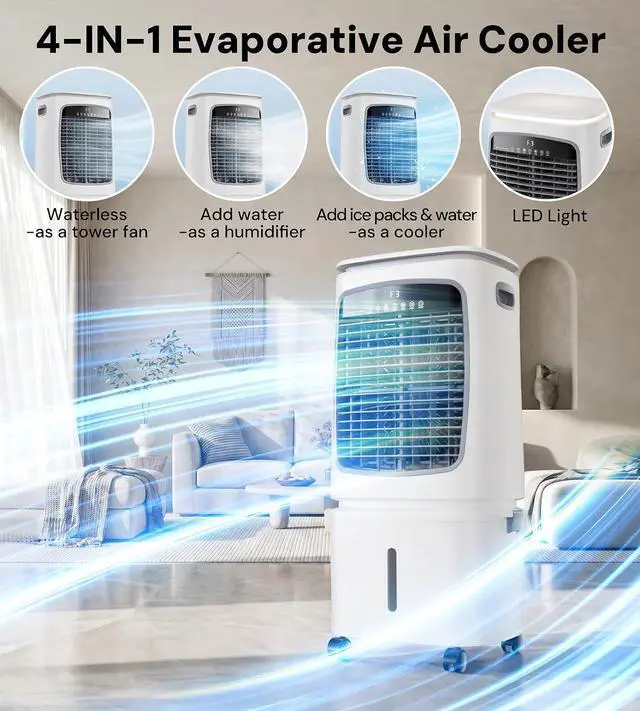 Alt view image 4 of 7 - 3000CFM Swamp Cooler,3-IN-1 Evaporative Air Cooler with 7.2Gal Water Tank, 4 Ice Packs, Portable Air Conditioner with Remote Control,12H Timer,3 Speeds,Cooling Fan for Indoor,Outdoor Use (40IN)
