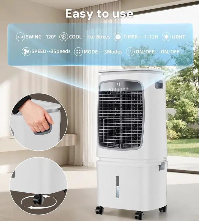 Alt view image 6 of 7 - 3000CFM Swamp Cooler,3-IN-1 Evaporative Air Cooler with 7.2Gal Water Tank, 4 Ice Packs, Portable Air Conditioner with Remote Control,12H Timer,3 Speeds,Cooling Fan for Indoor,Outdoor Use (40IN)