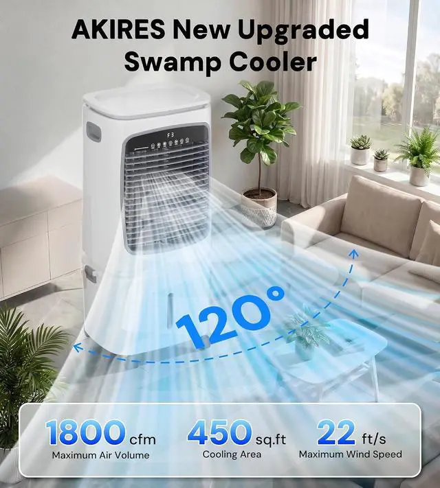 Alt view image 2 of 7 - 1800CFM Swamp Cooler,3-IN-1 Evaporative Air Cooler with 6.6Gal Water Tank, 4 Ice Packs, Portable Air Conditioner with Remote Control,12H Timer,3 Speeds,Cooling Fan for Indoor,Outdoor Use (30IN)