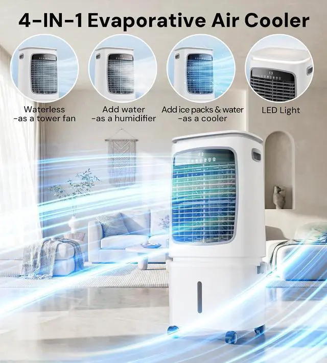 Alt view image 3 of 7 - 1800CFM Swamp Cooler,3-IN-1 Evaporative Air Cooler with 6.6Gal Water Tank, 4 Ice Packs, Portable Air Conditioner with Remote Control,12H Timer,3 Speeds,Cooling Fan for Indoor,Outdoor Use (30IN)