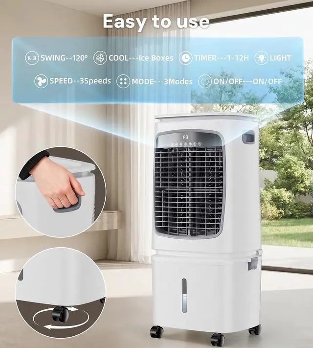 Alt view image 6 of 7 - 1800CFM Swamp Cooler,3-IN-1 Evaporative Air Cooler with 6.6Gal Water Tank, 4 Ice Packs, Portable Air Conditioner with Remote Control,12H Timer,3 Speeds,Cooling Fan for Indoor,Outdoor Use (30IN)