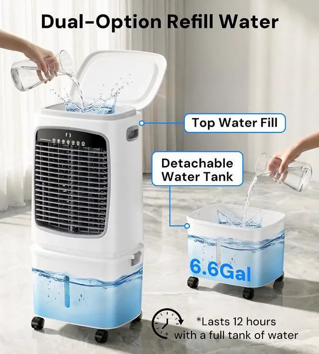 Alt view image 5 of 7 - 1800CFM Swamp Cooler,3-IN-1 Evaporative Air Cooler with 6.6Gal Water Tank, 4 Ice Packs, Portable Air Conditioner with Remote Control,12H Timer,3 Speeds,Cooling Fan for Indoor,Outdoor Use (30IN)