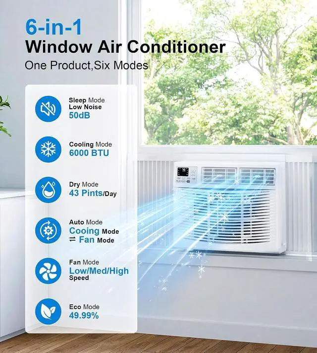 Alt view image 3 of 7 - Window Air Conditioner, 6,000BTU Air Conditioner Window Unit, Cools up to 250 Sq. Ft, Window AC with Cool, Fan, Dry, Sleep, Energy Saver, and Auto,6 Modes,24H Timer,Easy Install,Home,Office