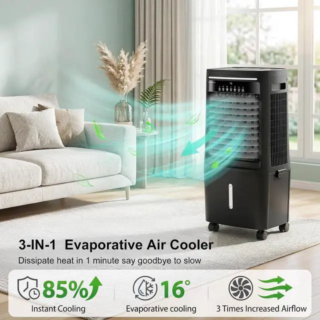 Alt view image 2 of 7 - Swamp Cooler Air Conditioner,2200CFM Portable Evaporative Air Cooler,Cooling Fan for Room Garage Patio,7 Gal Water Tank,3 Speeds,4 Ice Boxes,12H Timer,Remote,Black