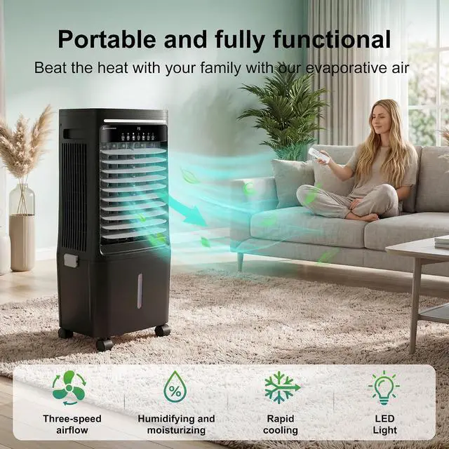 Alt view image 3 of 7 - Swamp Cooler Air Conditioner,2200CFM Portable Evaporative Air Cooler,Cooling Fan for Room Garage Patio,7 Gal Water Tank,3 Speeds,4 Ice Boxes,12H Timer,Remote,Black