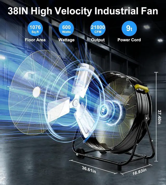 Alt view image 4 of 7 - 36IN Industrial Floor Drum Fan,21,800CFM High Velocity Heavy Duty Shop Fan with 360° Tilt,Handle,600W High Velocity Drum Fan for Garage,Basement,Warehouse,Patio,Factory,Workshop,Commercial Use
