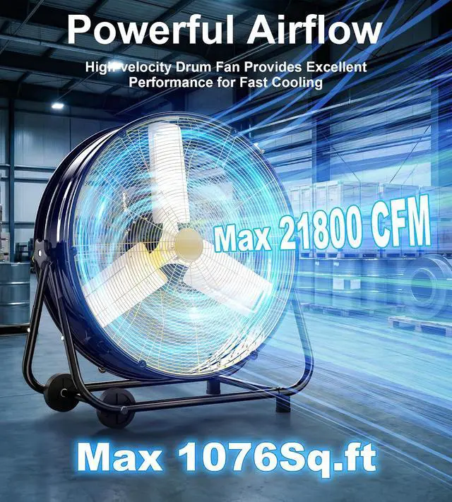 Alt view image 2 of 7 - 36IN Industrial Floor Drum Fan,21,800CFM High Velocity Heavy Duty Shop Fan with 360° Tilt,Handle,600W High Velocity Drum Fan for Garage,Basement,Warehouse,Patio,Factory,Workshop,Commercial Use