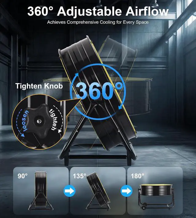 Alt view image 6 of 7 - 36IN Industrial Floor Drum Fan,21,800CFM High Velocity Heavy Duty Shop Fan with 360° Tilt,Handle,600W High Velocity Drum Fan for Garage,Basement,Warehouse,Patio,Factory,Workshop,Commercial Use