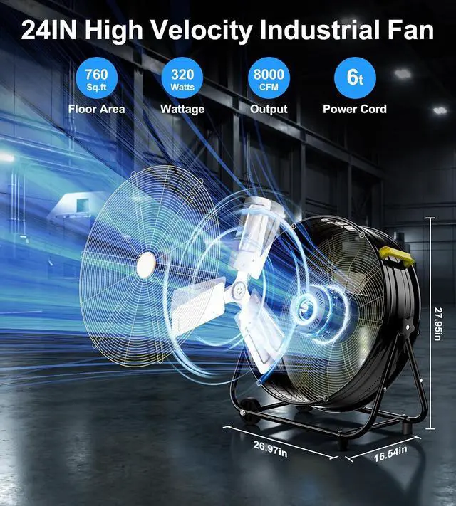 Alt view image 4 of 7 - 24IN Industrial Floor Drum Fan,8800CFM High Velocity Heavy Duty Shop Fan with 360° Tilt,Handle,320W High Velocity Drum Fan for Garage,Basement,Warehouse,Patio,Factory,Workshop,Commercial Use