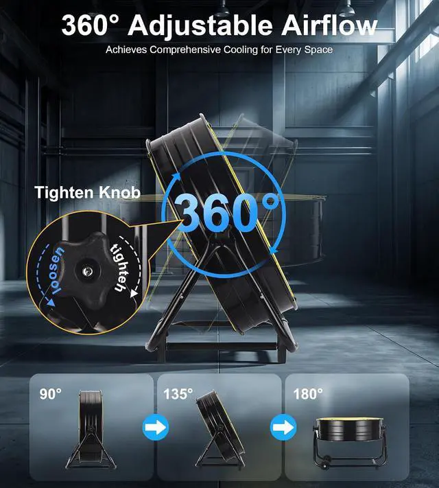 Alt view image 6 of 7 - 24IN Industrial Floor Drum Fan,8800CFM High Velocity Heavy Duty Shop Fan with 360° Tilt,Handle,320W High Velocity Drum Fan for Garage,Basement,Warehouse,Patio,Factory,Workshop,Commercial Use