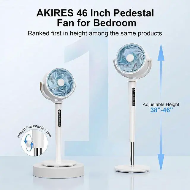 Alt view image 2 of 7 - Pedestal Fan for Bedroom,120°+120°Omnidirectional Oscillating Standing Fan,38-46" Adjustable Height,Quiet Floor Fan with DC Motor,16 Speeds,4 Modes Circulator with Remote,12H Timer,White