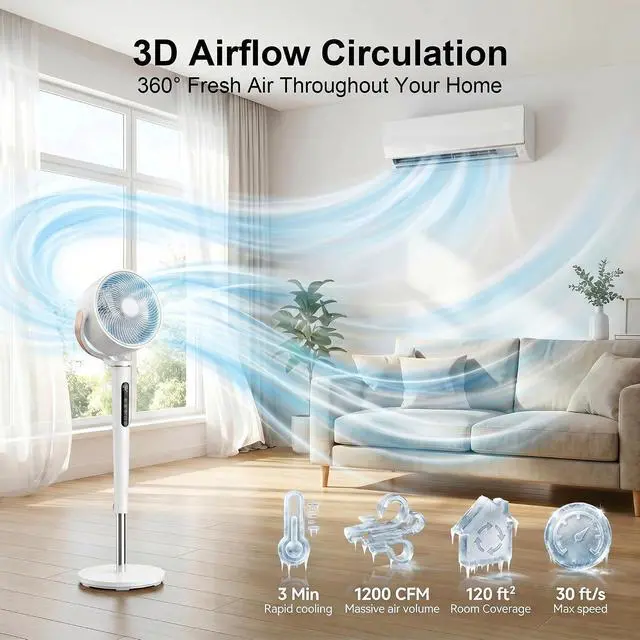 Alt view image 3 of 7 - Pedestal Fan for Bedroom,120°+120°Omnidirectional Oscillating Standing Fan,38-46" Adjustable Height,Quiet Floor Fan with DC Motor,16 Speeds,4 Modes Circulator with Remote,12H Timer,White