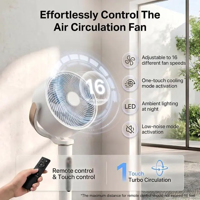 Alt view image 4 of 7 - Pedestal Fan for Bedroom,120°+120°Omnidirectional Oscillating Standing Fan,38-46" Adjustable Height,Quiet Floor Fan with DC Motor,16 Speeds,4 Modes Circulator with Remote,12H Timer,White