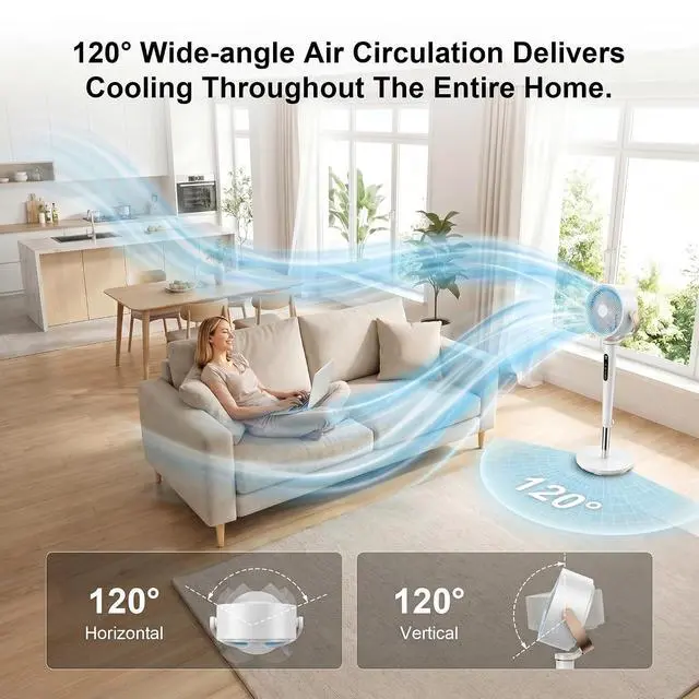 Alt view image 6 of 7 - Pedestal Fan for Bedroom,120°+120°Omnidirectional Oscillating Standing Fan,38-46" Adjustable Height,Quiet Floor Fan with DC Motor,16 Speeds,4 Modes Circulator with Remote,12H Timer,White