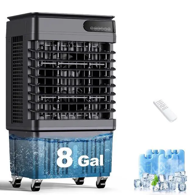 Main image of 2500CFM Swamp Cooler,Evaporative Air Cooler with 8-Gal Water Tank,4 Ice Packs,Evaporative Cooler for Outdoor Patio Garage Commercial Use Black