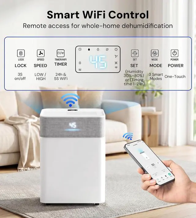 Alt view image 7 of 7 - 55Pint Dehumidifier for 4000Sq.Ft, Wi-Fi Enabled, Smart Dehumidifier with Drain Hose, 1.15Gal Removable Tank, LED Display, 24H Timer & Child Lock, Dehumidifier for Basement,Bedroom(Pearl White)