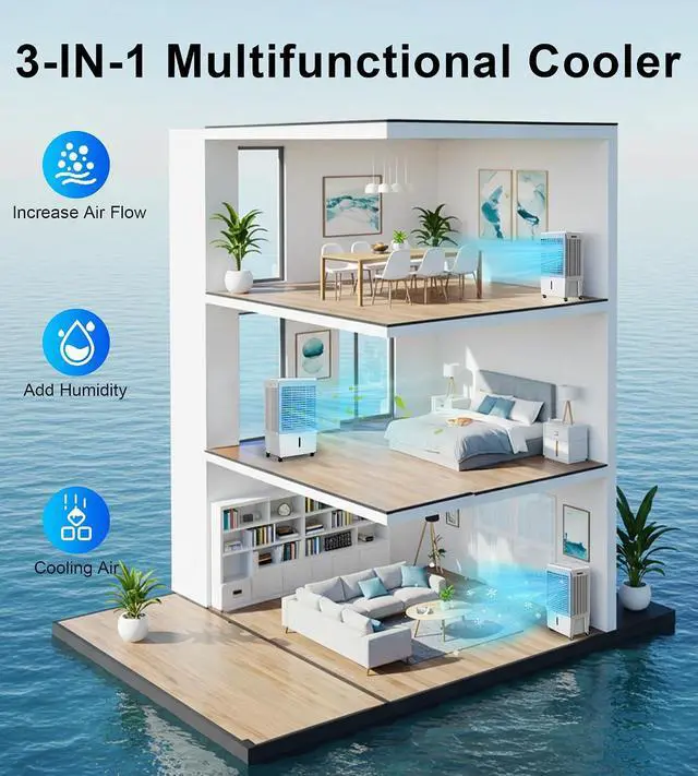 Alt view image 5 of 7 - 3800CFM Large Swamp Cooler with 10-Gal Water Tank,3-IN-1 Evaporative Air Cooler with Remote Control,4 Ice Packs,12H Timer, Evaporative Cooler for Indoor,Outdoor,Garage Use(41IN)