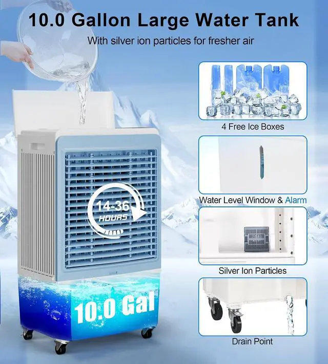 Alt view image 4 of 7 - 3800CFM Large Swamp Cooler with 10-Gal Water Tank,3-IN-1 Evaporative Air Cooler with Remote Control,4 Ice Packs,12H Timer, Evaporative Cooler for Indoor,Outdoor,Garage Use(41IN)
