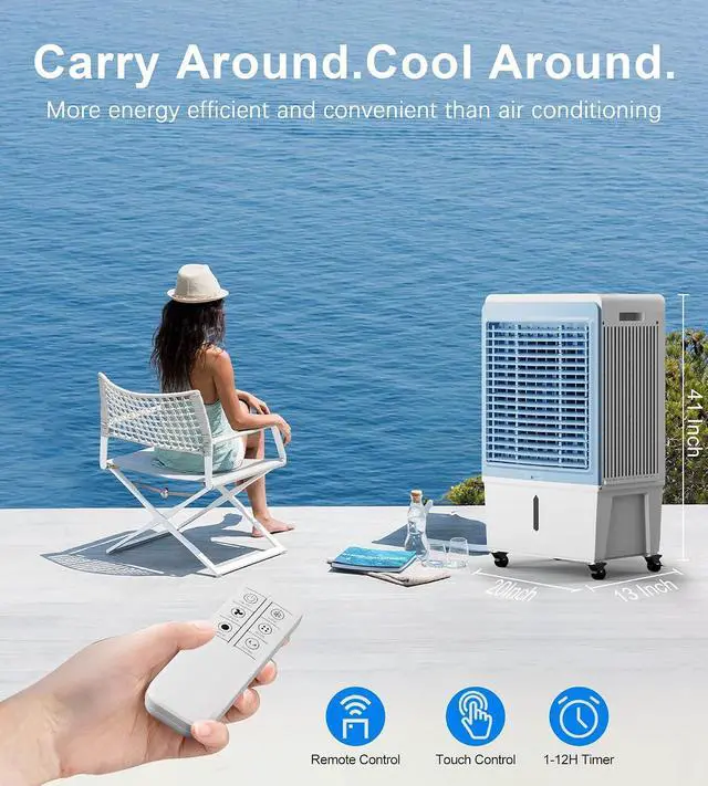 Alt view image 7 of 7 - 3800CFM Large Swamp Cooler with 10-Gal Water Tank,3-IN-1 Evaporative Air Cooler with Remote Control,4 Ice Packs,12H Timer, Evaporative Cooler for Indoor,Outdoor,Garage Use(41IN)