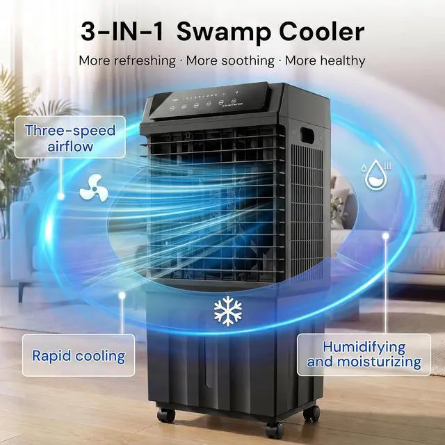 Alt view image 3 of 7 - 1800CFM Swamp Cooler,Evaporative Air Cooler with Remote Control,Air Cooler with 4-Gal Water Tank,120°Oscillation,4 Ice Packs,12H Timer,Cooling Fans for Outdoor,Indoor Use,Black