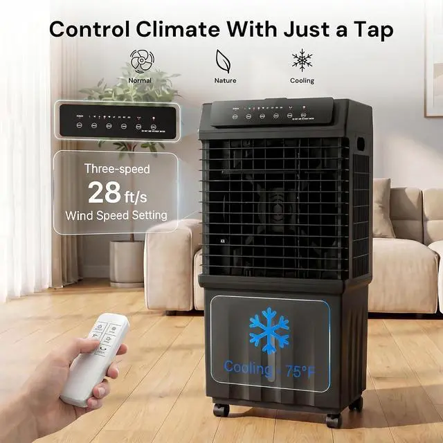 Alt view image 4 of 7 - 1800CFM Swamp Cooler,Evaporative Air Cooler with Remote Control,Air Cooler with 4-Gal Water Tank,120°Oscillation,4 Ice Packs,12H Timer,Cooling Fans for Outdoor,Indoor Use,Black
