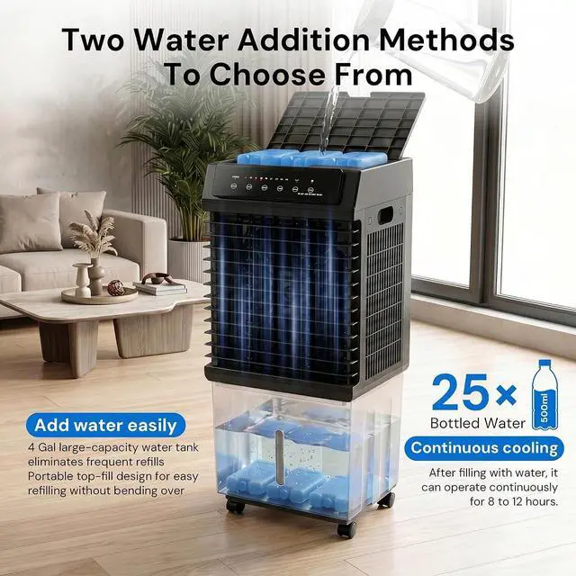 Alt view image 7 of 7 - 1800CFM Swamp Cooler,Evaporative Air Cooler with Remote Control,Air Cooler with 4-Gal Water Tank,120°Oscillation,4 Ice Packs,12H Timer,Cooling Fans for Outdoor,Indoor Use,Black