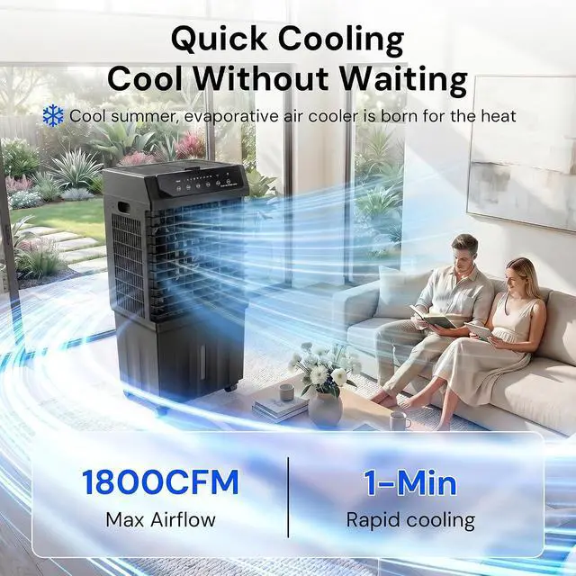 Alt view image 2 of 7 - 1800CFM Swamp Cooler,Evaporative Air Cooler with Remote Control,Air Cooler with 4-Gal Water Tank,120°Oscillation,4 Ice Packs,12H Timer,Cooling Fans for Outdoor,Indoor Use,Black