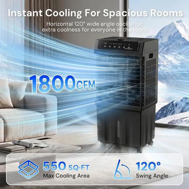 Alt view image 6 of 7 - 1800CFM Swamp Cooler,Evaporative Air Cooler with Remote Control,Air Cooler with 4-Gal Water Tank,120°Oscillation,4 Ice Packs,12H Timer,Cooling Fans for Outdoor,Indoor Use,Black