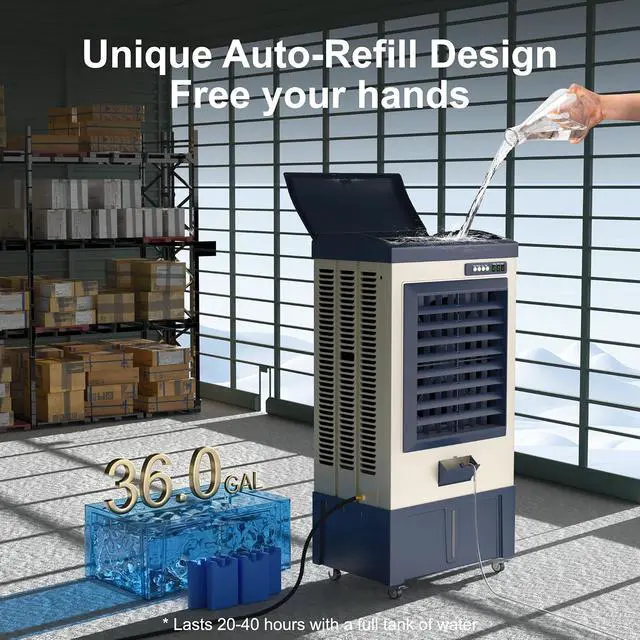 Alt view image 4 of 7 - 8979 CFM Swamp Cooler, 55" Evaporative Air Cooler with 36-Gal Auto-Fill Tank & 5 Ice Packs, 3 Speeds, 120° Oscillation, Heavy Duty Portable Cooling Fan for Patio, Garage, Indoor, Outdoor,Blue