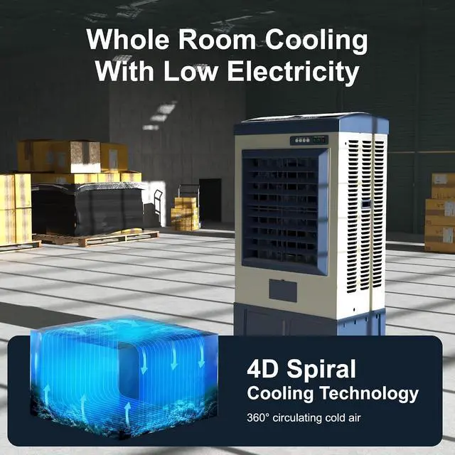 Alt view image 7 of 7 - 8979 CFM Swamp Cooler, 55" Evaporative Air Cooler with 36-Gal Auto-Fill Tank & 5 Ice Packs, 3 Speeds, 120° Oscillation, Heavy Duty Portable Cooling Fan for Patio, Garage, Indoor, Outdoor,Blue