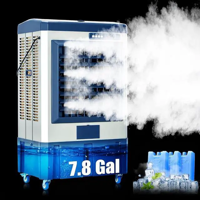 Main image of 3600 CFM Swamp Cooler, 32" Evaporative Air Cooler with 7.8-Gal Auto-Fill Tank & 3 Ice Packs, 3 Speeds, 120° Oscillation, Heavy Duty Portable Cooling Fan for Patio, Garage, Indoor, Outdoor,Blue