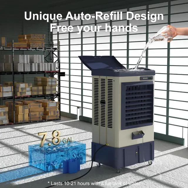 Alt view image 4 of 7 - 3600 CFM Swamp Cooler, 32" Evaporative Air Cooler with 7.8-Gal Auto-Fill Tank & 3 Ice Packs, 3 Speeds, 120° Oscillation, Heavy Duty Portable Cooling Fan for Patio, Garage, Indoor, Outdoor,Blue