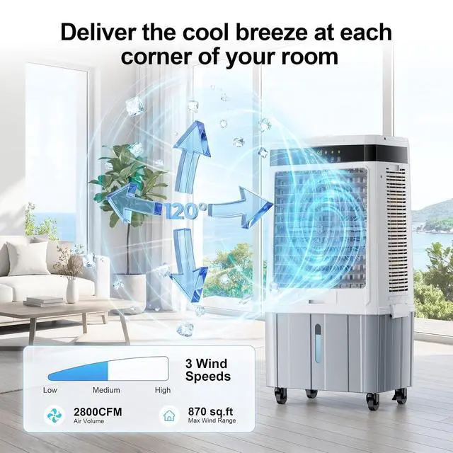 Alt view image 2 of 7 - Swamp Cooler,Evaporative Air Cooler with 9.5Gal Detachable Water Tank,Ice Packs,12H Timer,Portable Cooling Tower Fan for Indoor Room Bedroom Office Outdoor White
